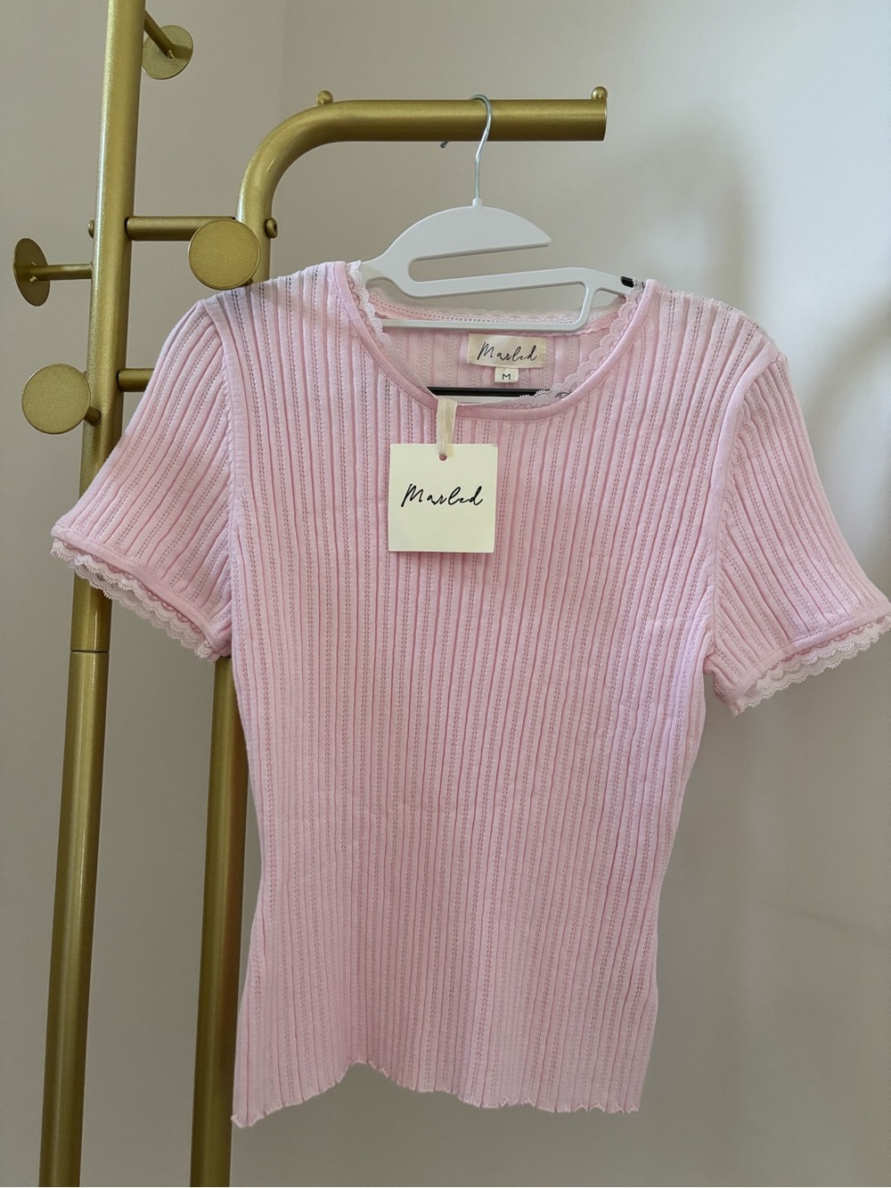 Marled Light Pink Ribbed Lace Trim Tee
